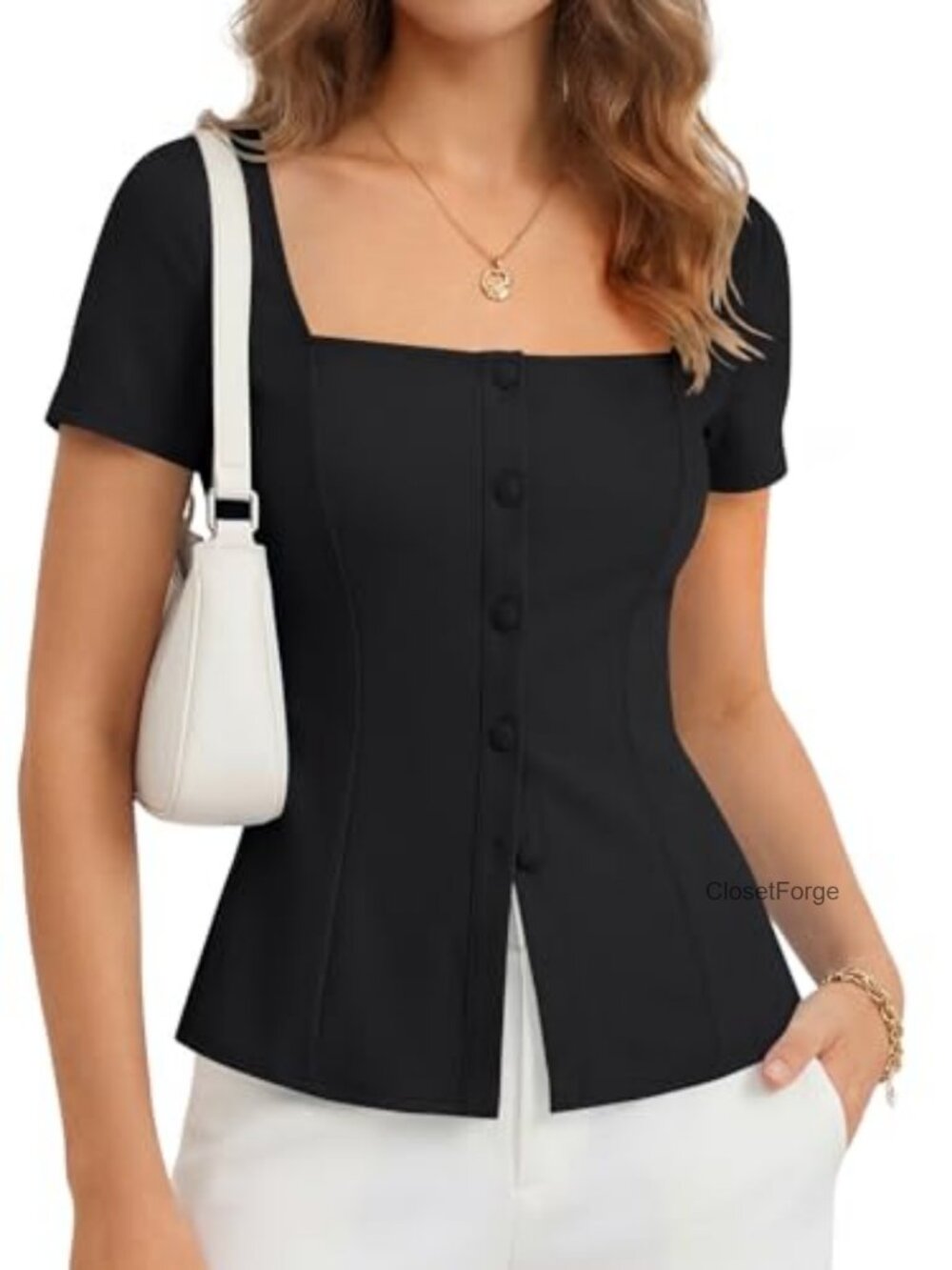 Women's Short Sleeve Button Down Square Neck Blouse, Stretchy Rayon Blend